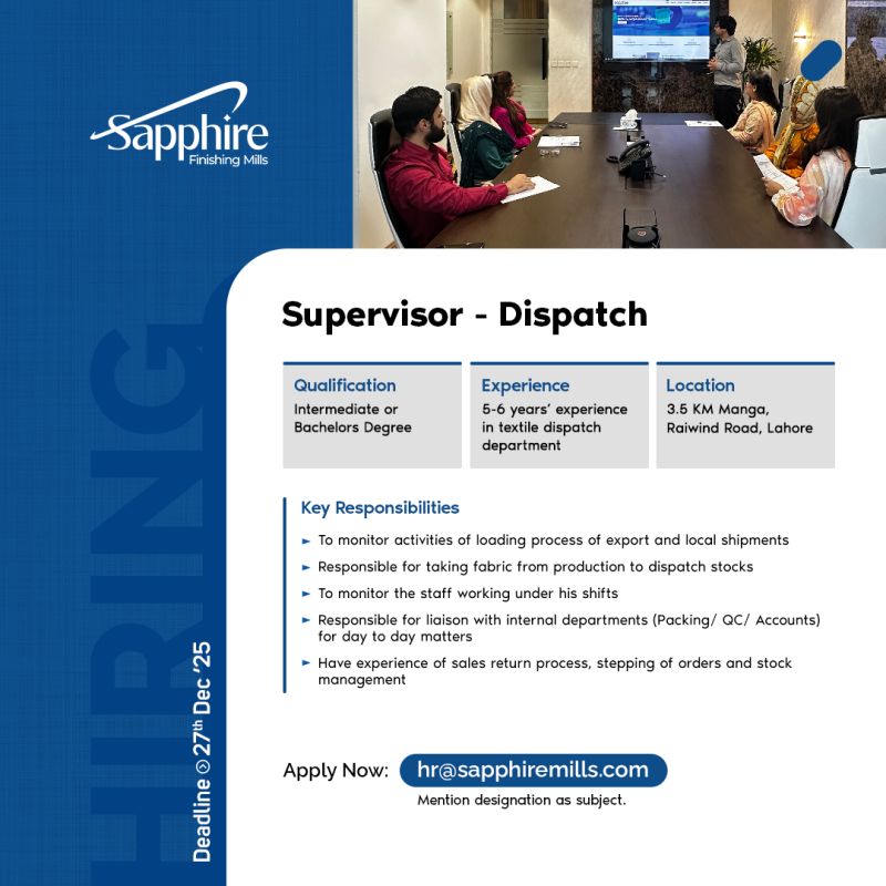 Sapphire Finishing Mills Jobs Supervisor Dispatch 1