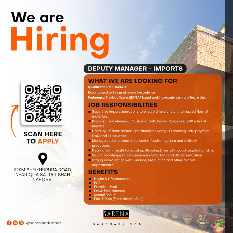 Sarena Textile Industries Jobs Deputy Manager Imports 1