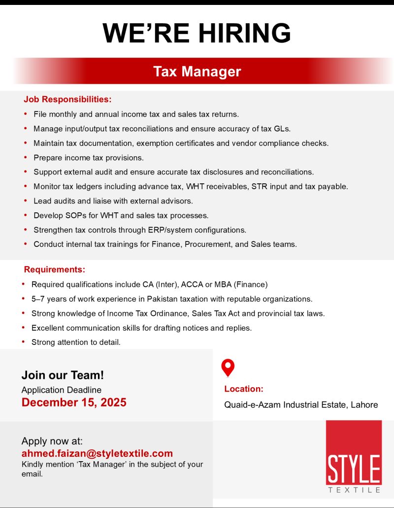 Style Textile Pvt Ltd Jobs Tax Manager 1