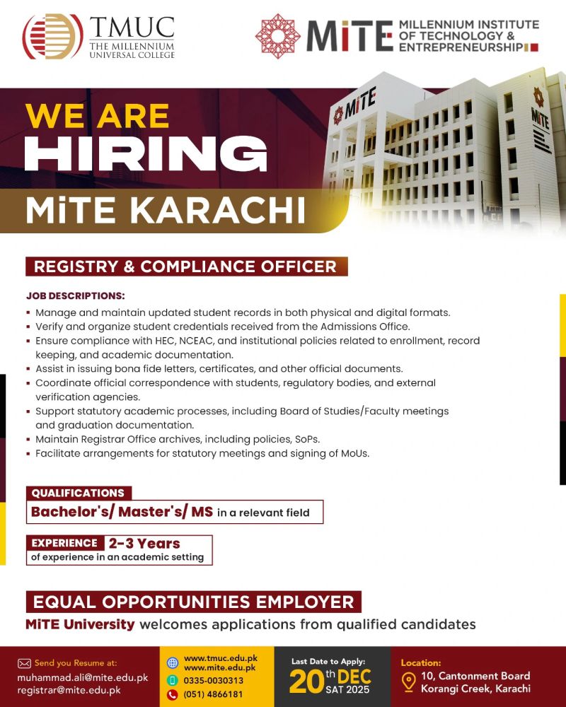TMUC Millennium Institute of Technology & Entrepreneurship (MITE) Jobs Registry & Compliance Officer 1
