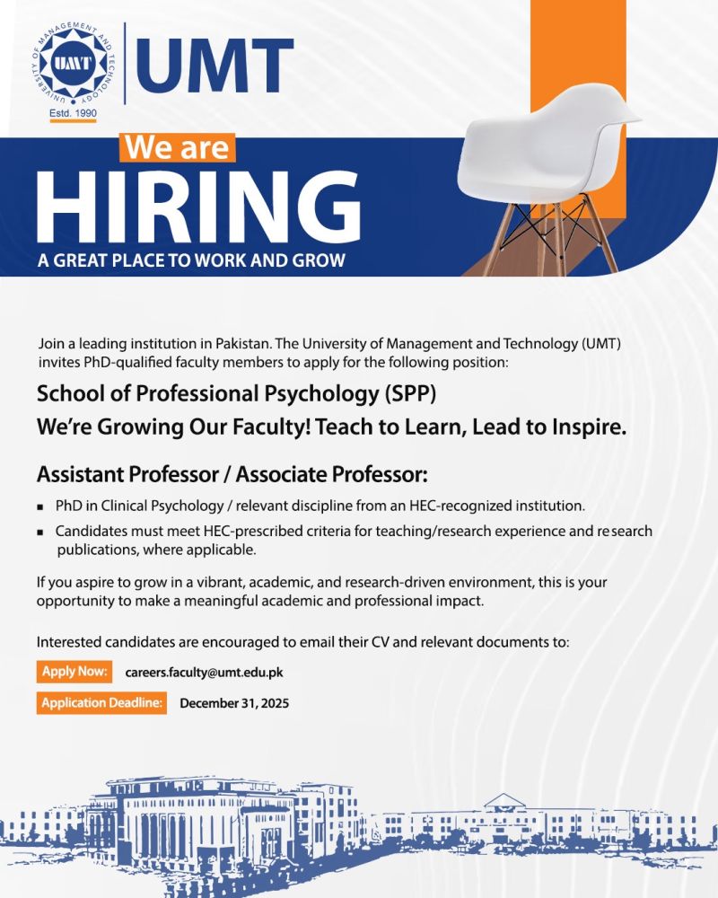 University of Management Technology UMT Jobs Assistant Professor / Associate Professor 1