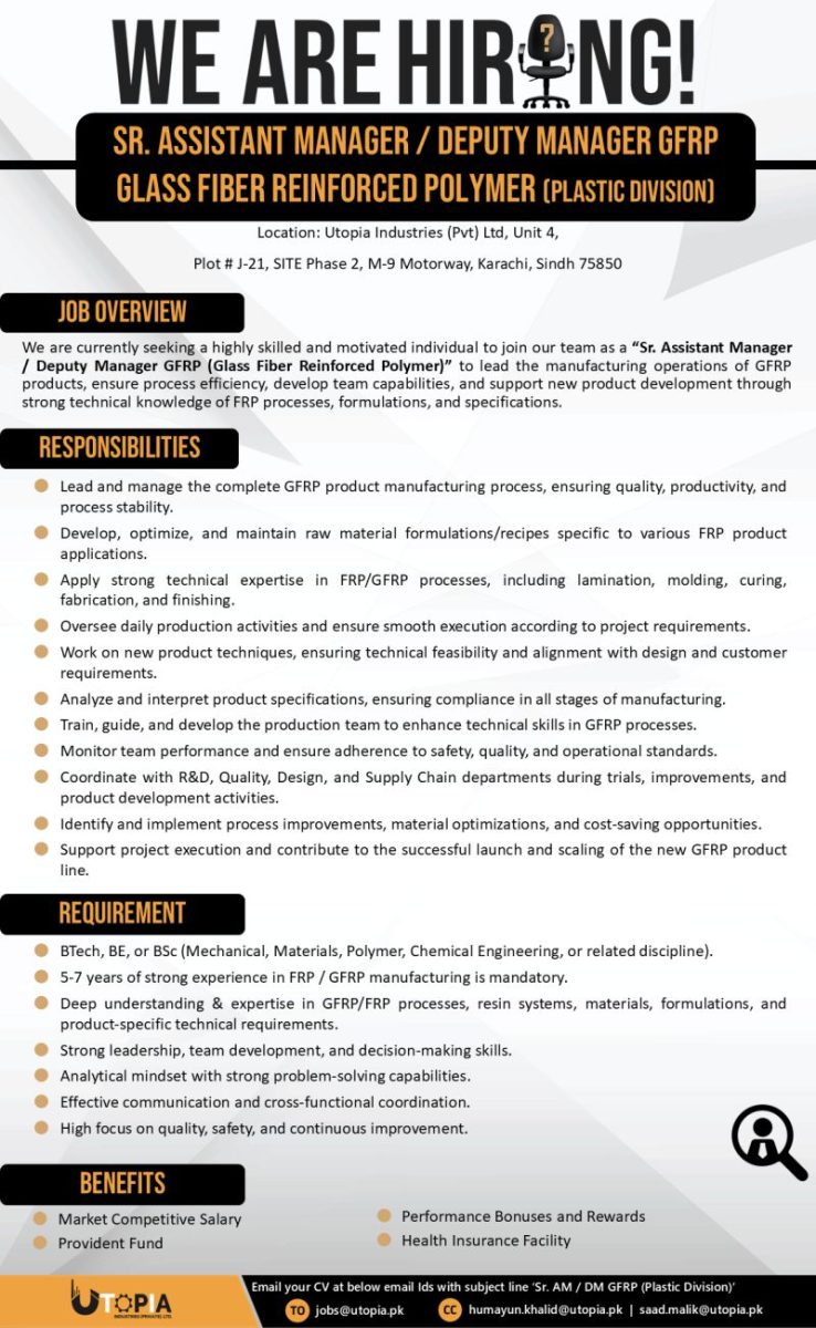 Utopia Industries Pvt Ltd Jobs Senior AM / DM Production GFRP 1