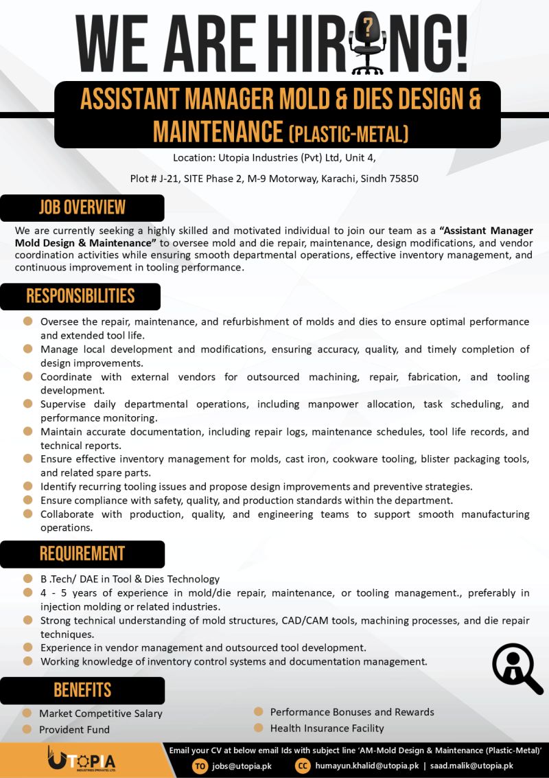 Utopia Industries Pvt Ltd Jobs Assistant Manager Mold / Die Design & Maintenance 1