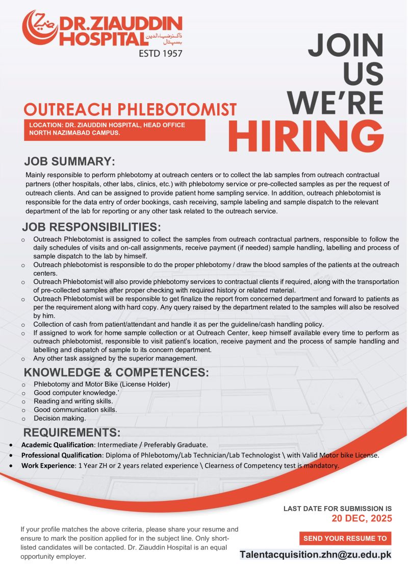 Dr Ziauddin Hospital Jobs Outreach Phlebotomist 1