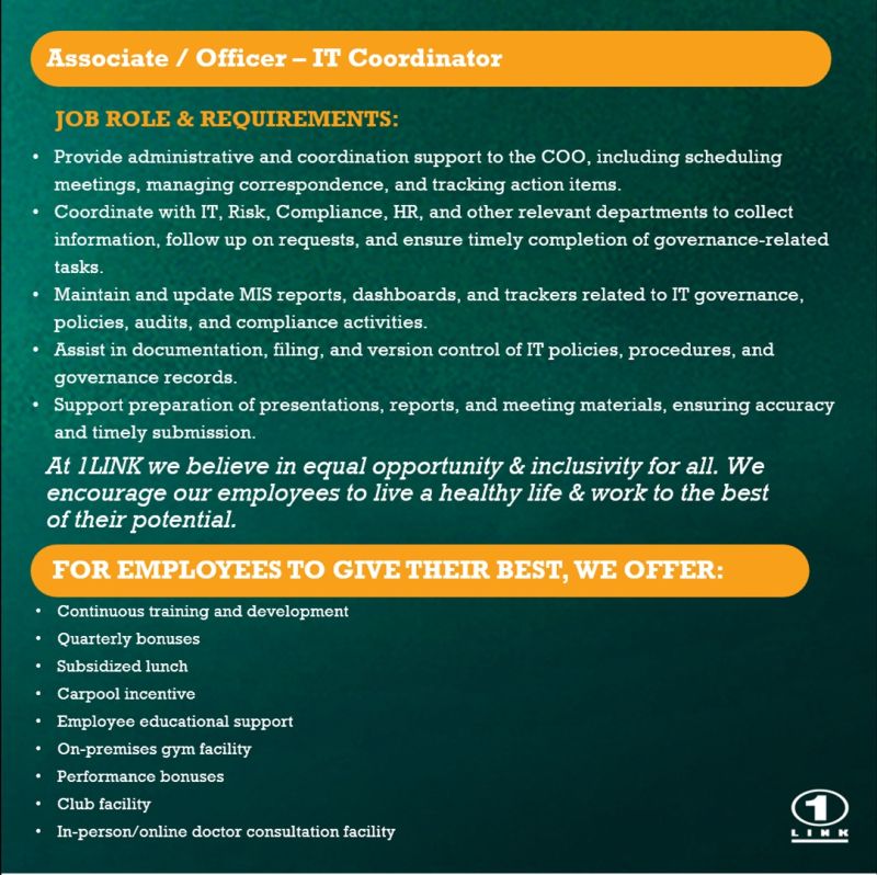 1Link Pvt Ltd Jobs Associate / Officer IT Coordinator 2