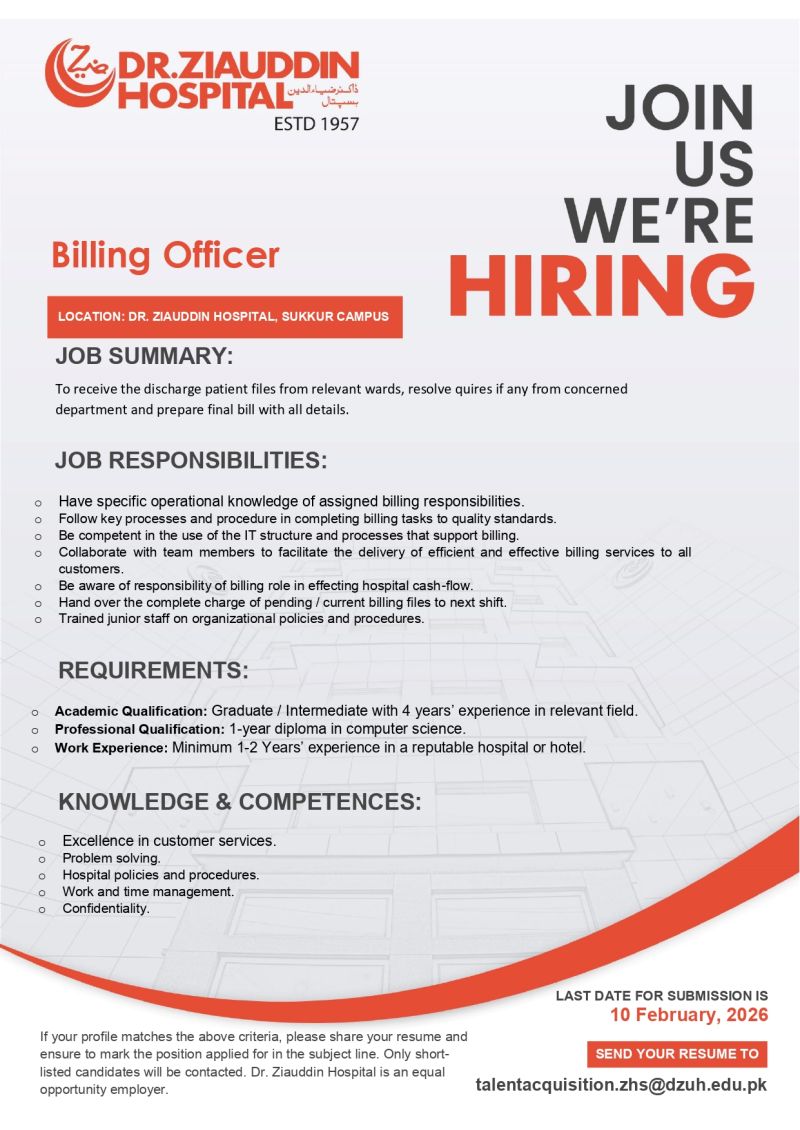 Dr Ziauddin Hospital Jobs Billing Officer 1