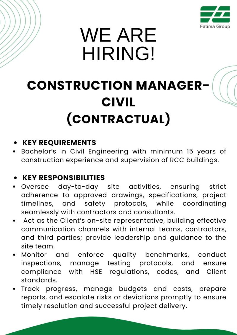 Fatima Group Jobs Construction Manager Civil