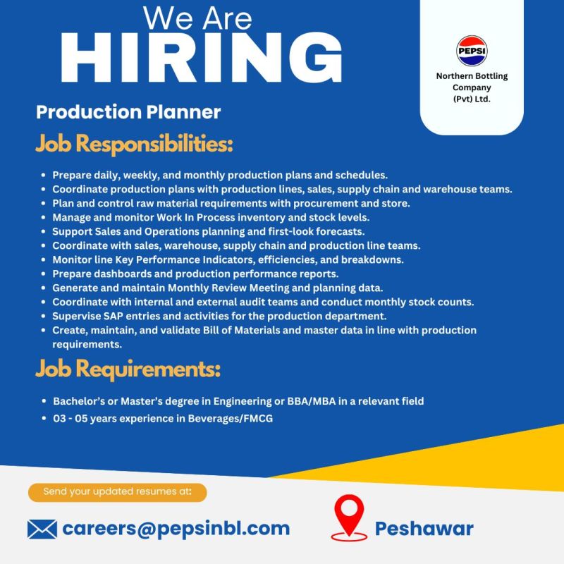 Northern Bottling Company (Pvt) Ltd (Pepsi) Jobs Production Planner 1