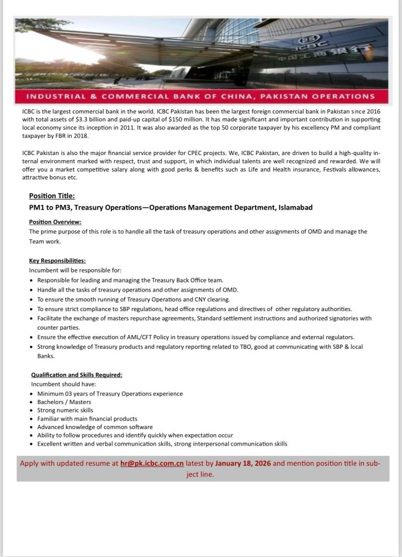 ICBC Pakistan Operations Jobs PM1 to PM3 Treasury Operations 1