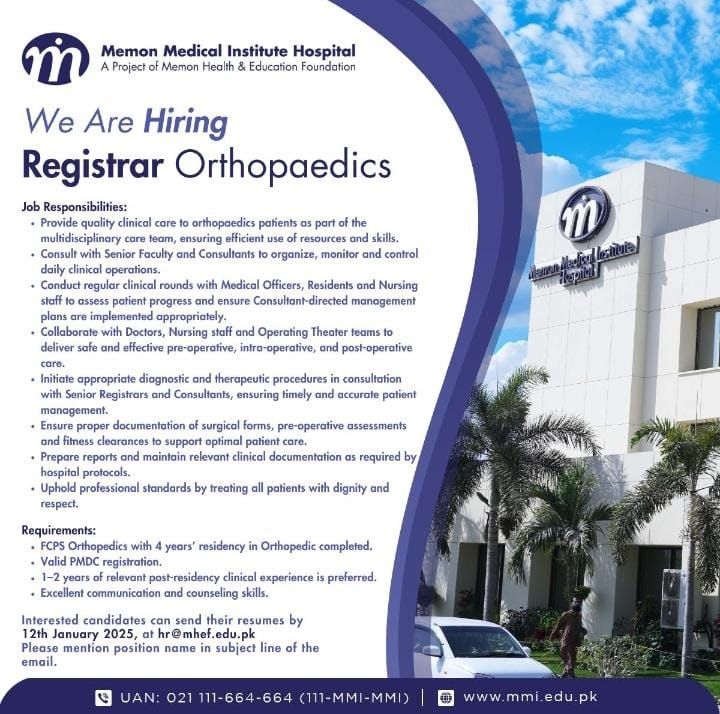 Memon Medical Institute MMI Hospital Jobs Registrar Orthopaedics 1
