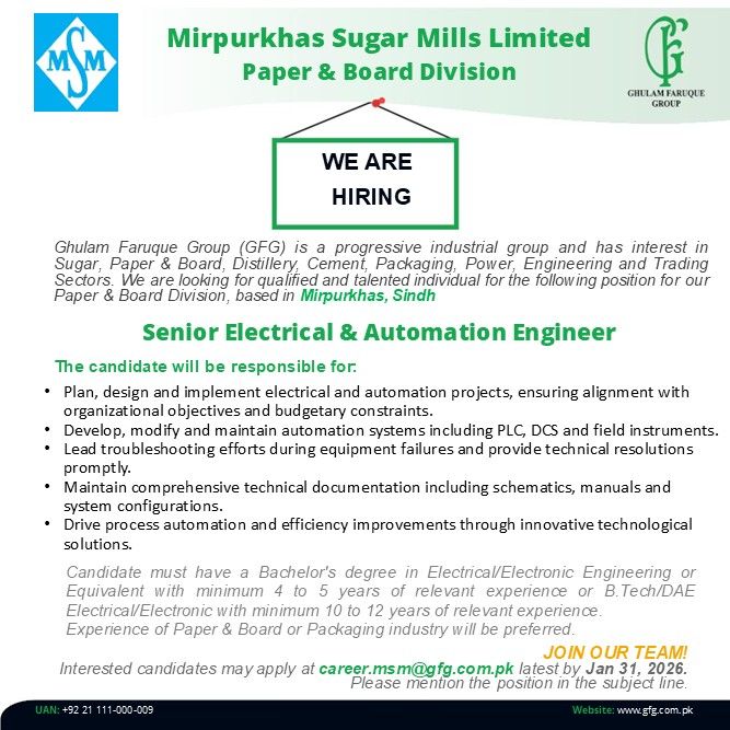 Mirpurkhas Sugar Mills Limited Jobs Senior Electrical & Automation Engineer 1