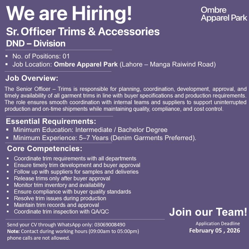 Ombre Apparel Park Jobs Sr Officer Trims & Accessories 1