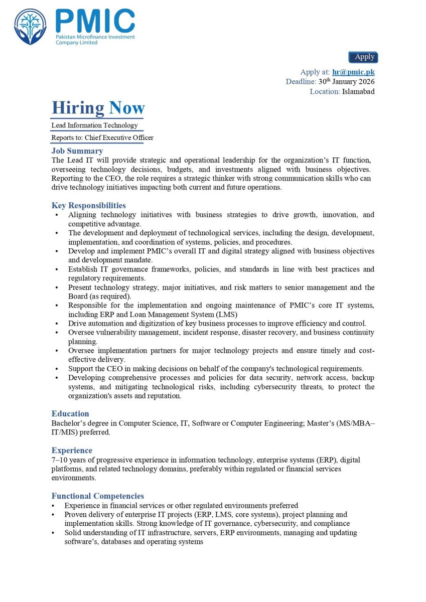Pakistan Microfinance Investment Co PMIC Jobs 21 January 2026 1
