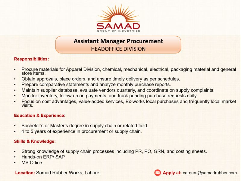 Samad Group of Companies Jobs Assistant Manager Procurement 1