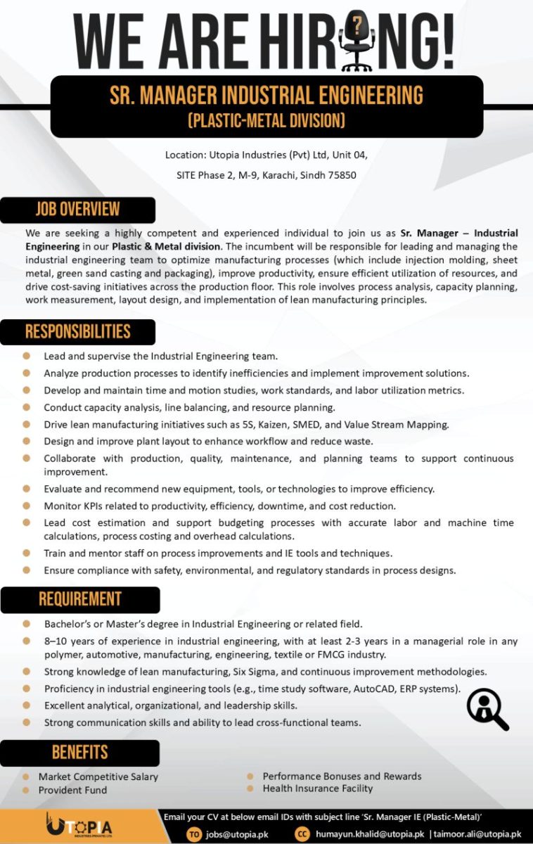Utopia Industries Pvt Ltd Jobs Sr Manager Industrial Engineering 1
