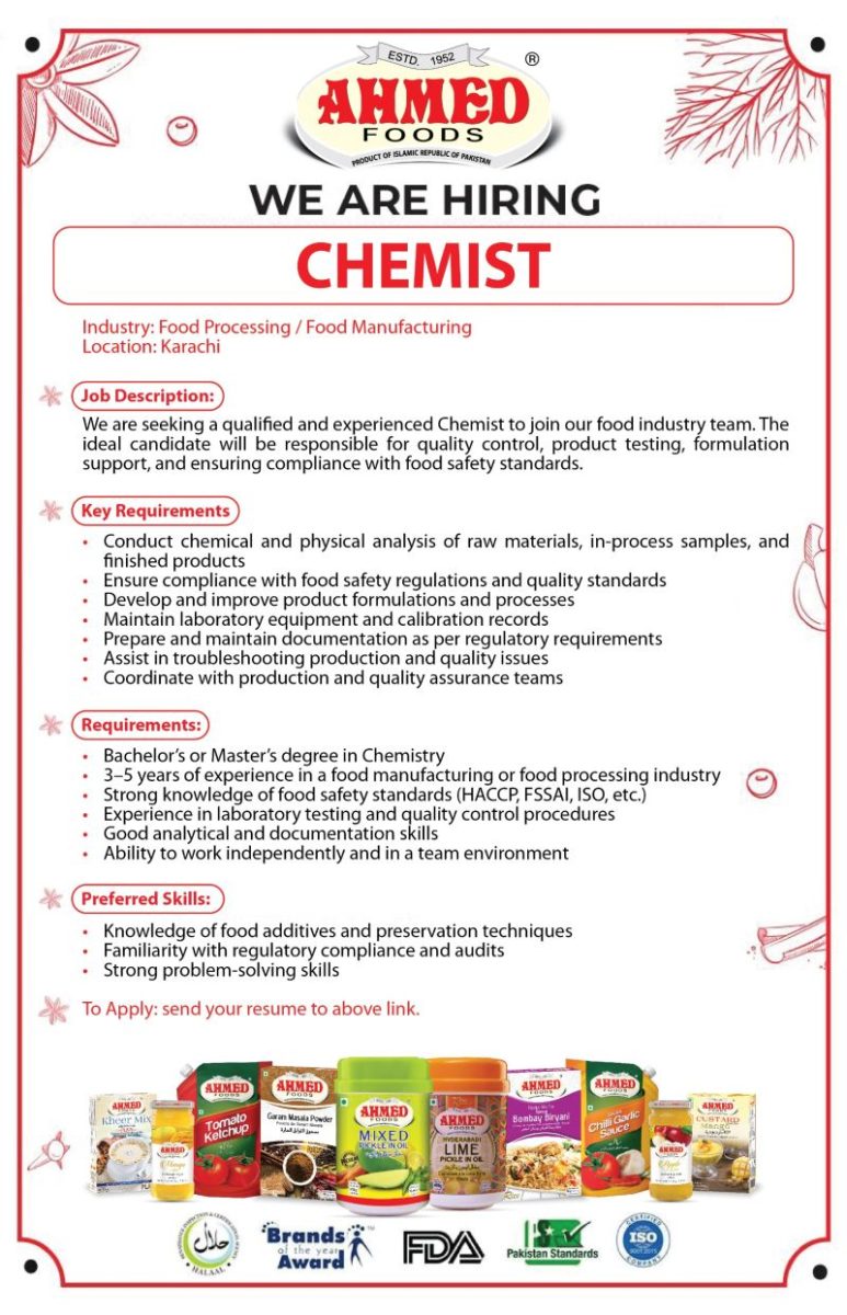 Ahmed Foods Pvt Ltd Jobs Chemist 1
