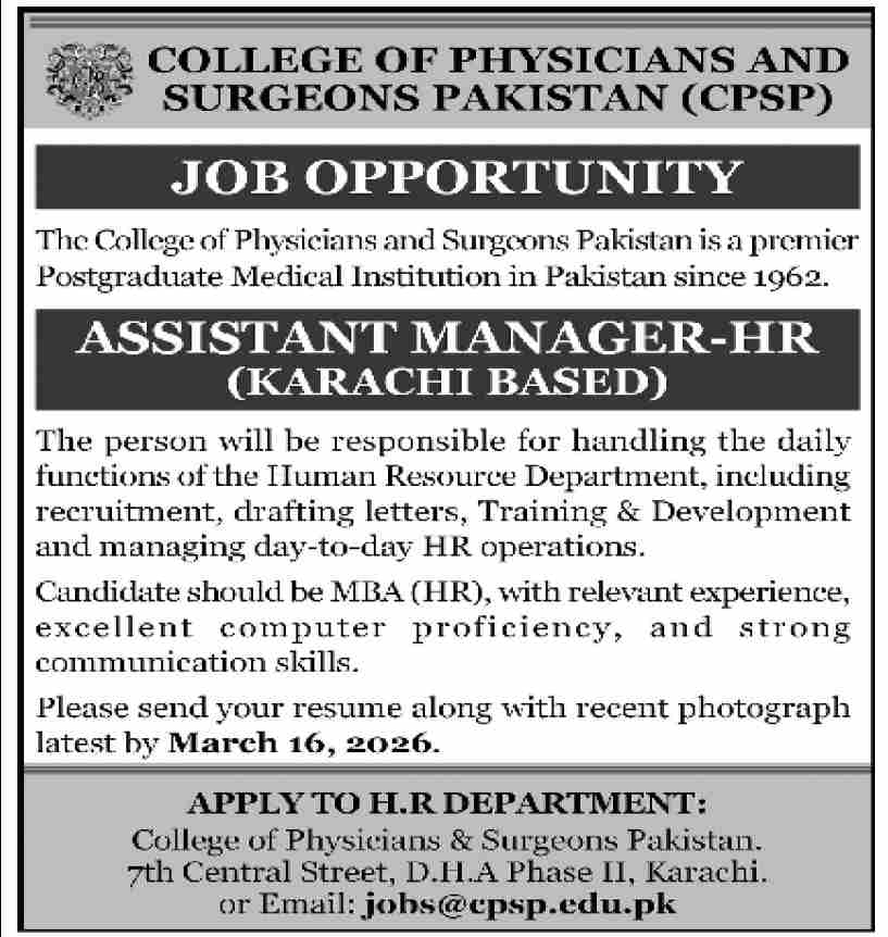 College Of Physicians & Surgeons Pakistan CPSP Jobs 22 February 2026 Dawn 1