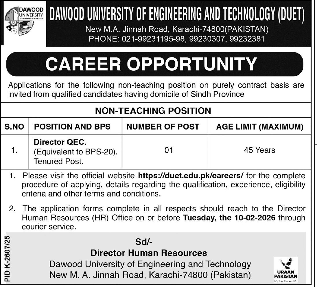 Dawood University Of Engineering & Technology DUET Jobs 30 January 2026 Express Tribune 1