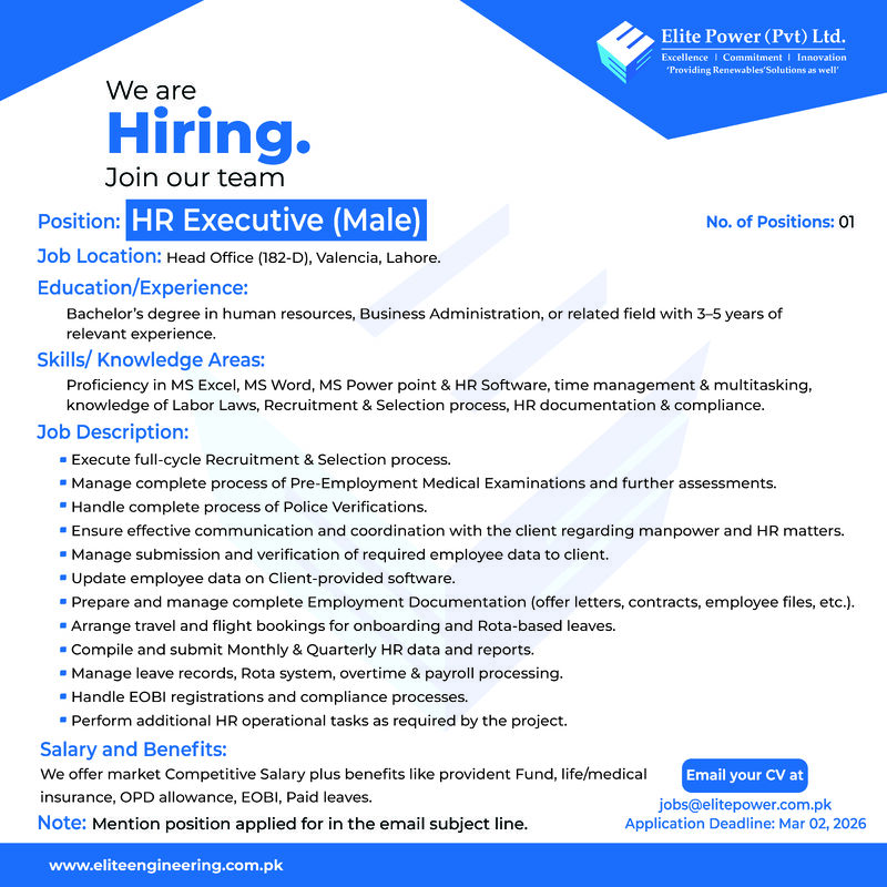 Elite Power Pvt Ltd Jobs HR Executive 1