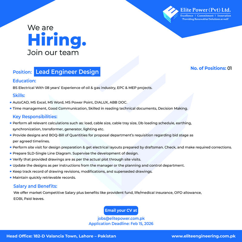 Elite Power Pvt Ltd Jobs Lead Engineer Design 1