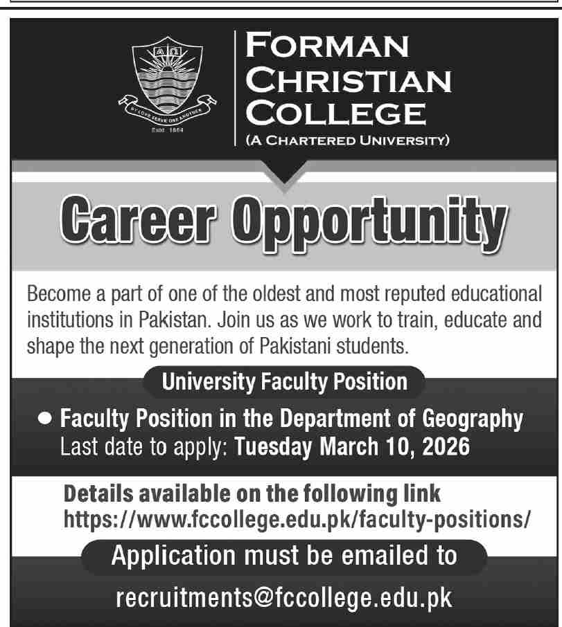 Forman Christian College Jobs 01 February 2026 Dawn 1