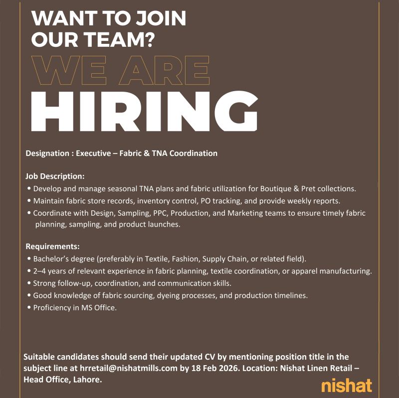 Nishat Linen NL Jobs Executive Fabric & TNA Coordination 1