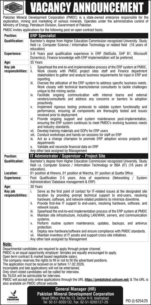 Pakistan Mineral Develpoment Corp PMDC Jobs 01 February 2026 Express 1