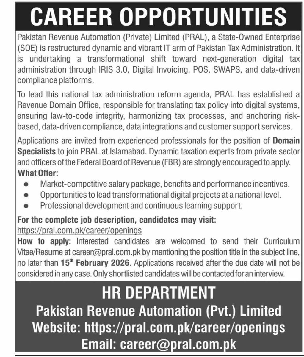Pakistan Revenue Automation Pvt Ltd PRAL Jobs 01 February 2026 Dawn 1