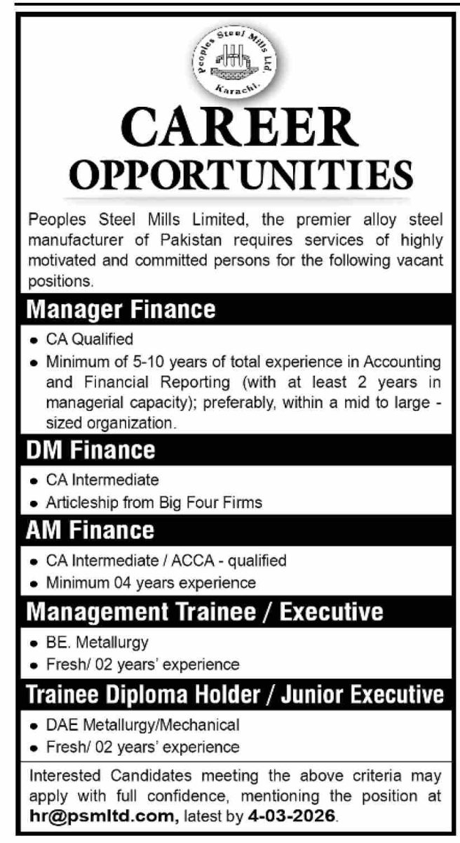 Peoples Steel Mills Ltd PSML Jobs 22 February 2026 Dawn 1