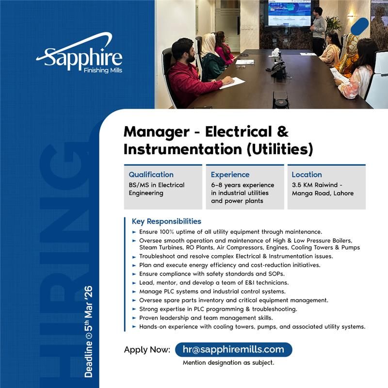 Sapphire Finishing Mills Jobs Manager Electrical & Instrumentation (Utilities) 1