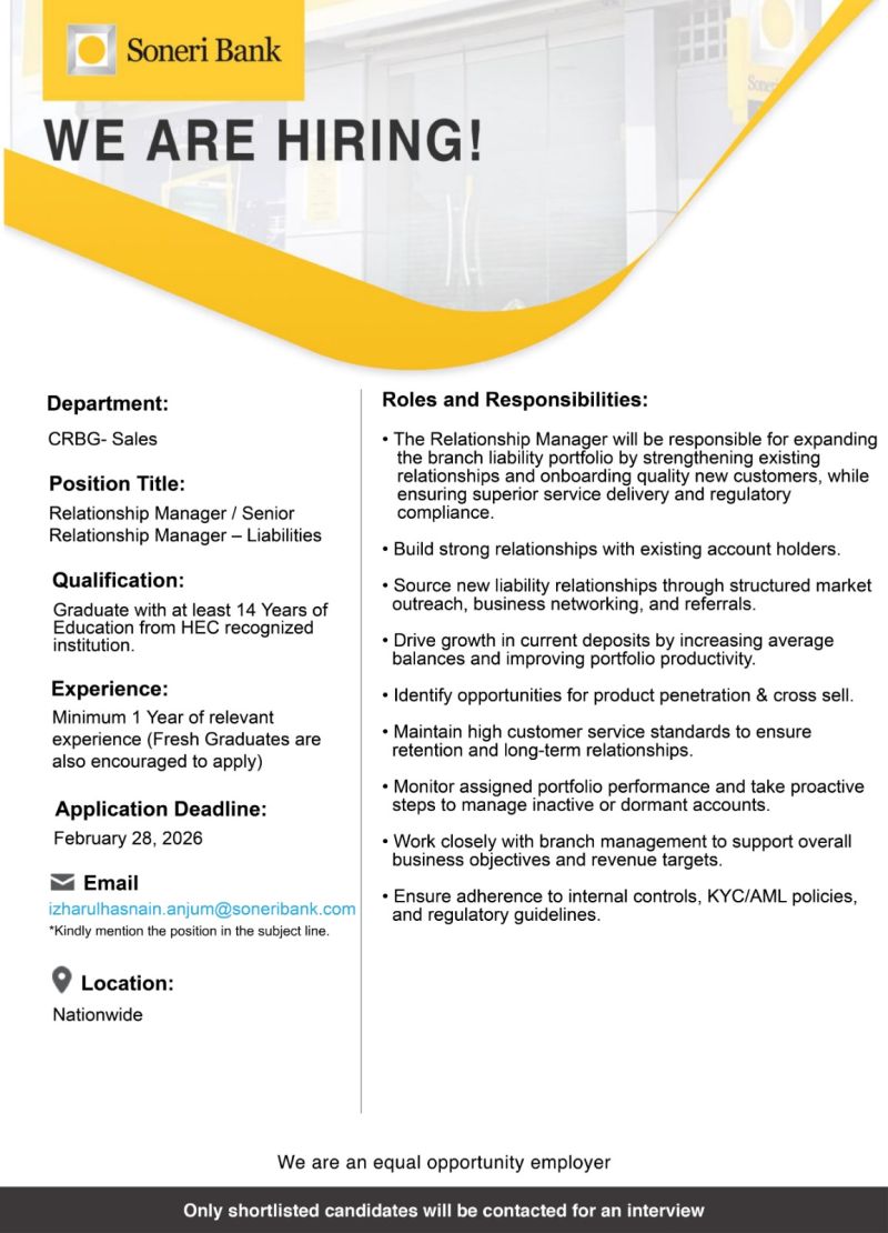 Soneri Bank Limited Jobs Relationship Manager / Senior Relationship Manager Liabilities 1