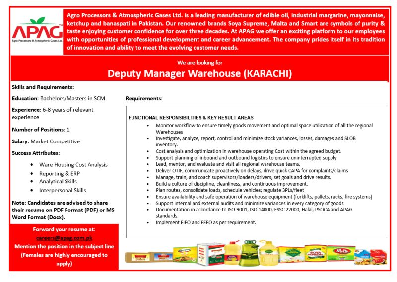 (APAG) Agro Processor Atmospheric Gases Ltd Jobs Deputy Manager WareHouse 1