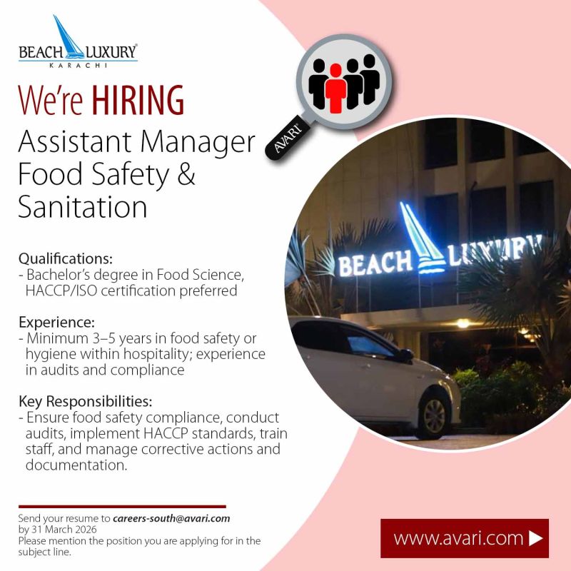 Avari Hotels Jobs Assistant Manager Food Safety & Sanitation 1