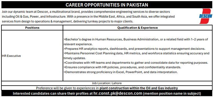 Descon Engineering Jobs HR Executive 1