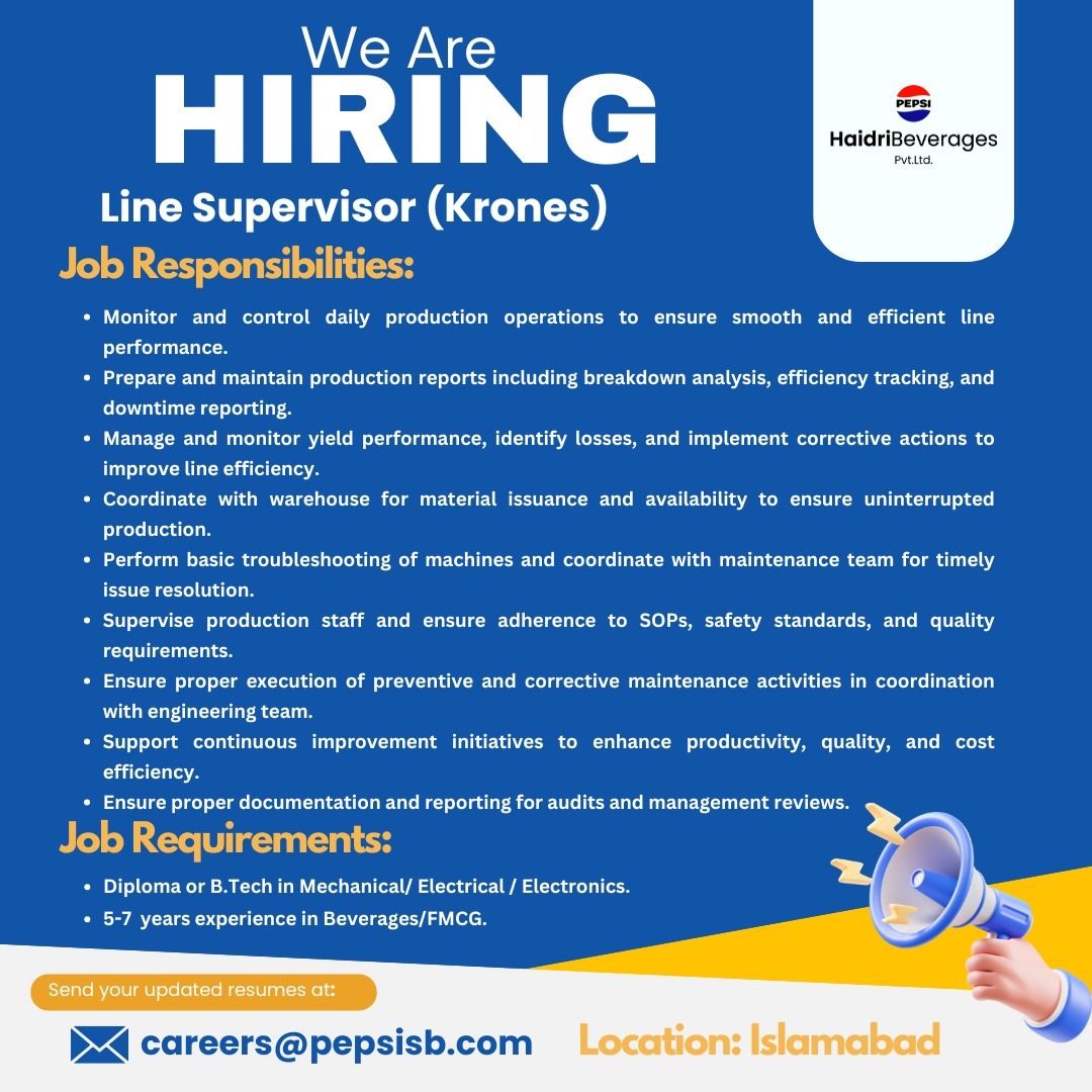 Haidri Beverages Pvt Ltd (PEPSI) Jobs Line Supervisor (Krones) 1