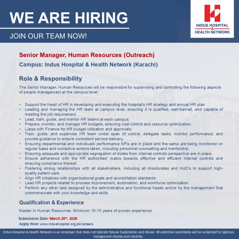 Indus Hospital & Health Network Jobs Senior Manager Human Resources (Outreach) 1