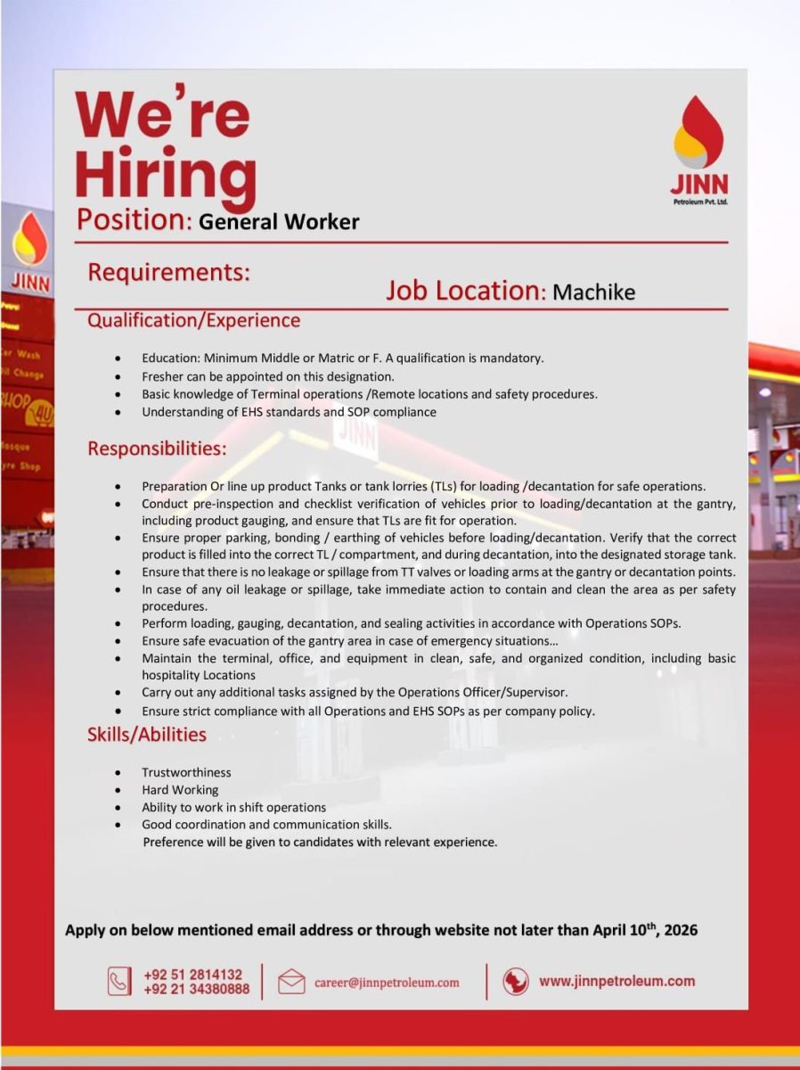 JINN Petroleum Pvt Ltd Jobs General Worker 1