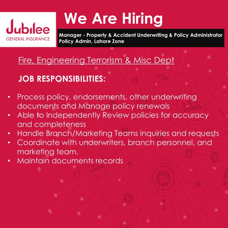 Jubilee General Insurance Jobs Manager  Property & Accident Underwriting & Policy Administration 1