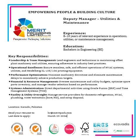 Merit Packaging Limited Jobs Deputy Manager Utilities & Maintenance 1