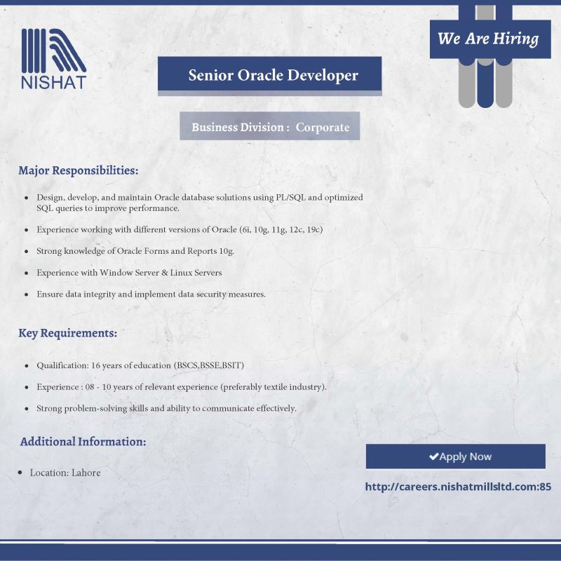 Nishat Mills Limited Jobs Senior Oracle Developer 1