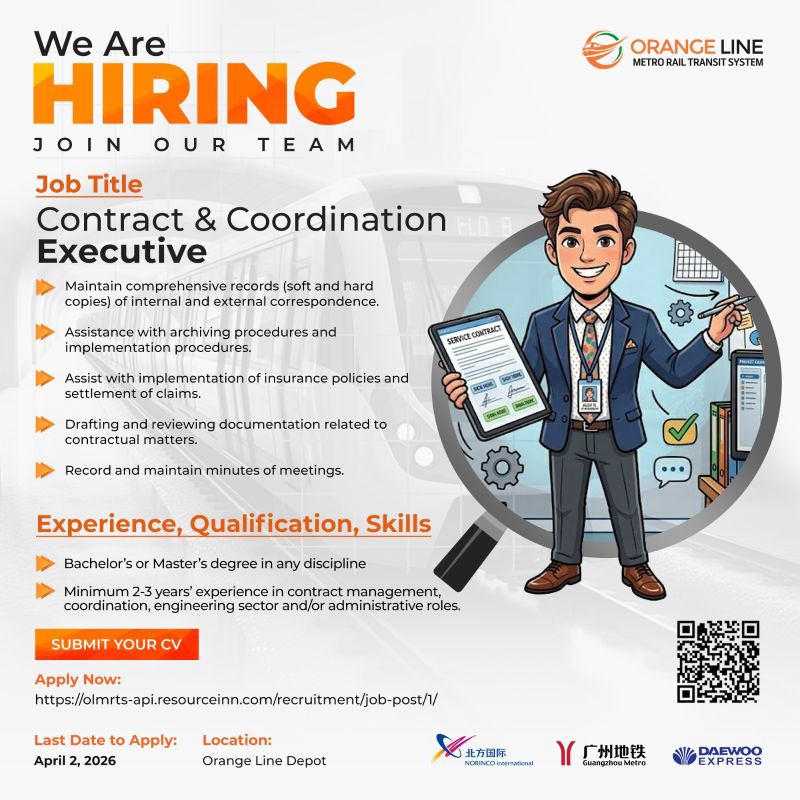 Orange Line Metro Rail Transit System (OLMRTS) Jobs Contract & Coordination Executive 1