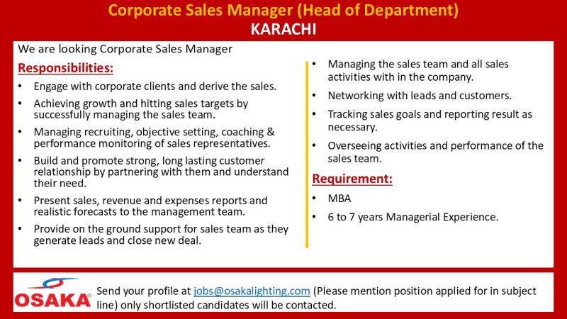 Osaka Lighting Jobs Corporate Sales Manager 1