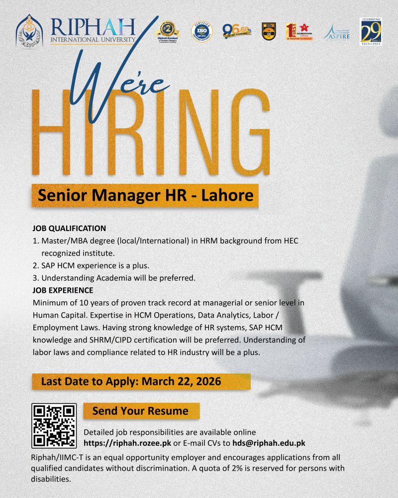 Riphah International University Jobs Senior Manager HR 1