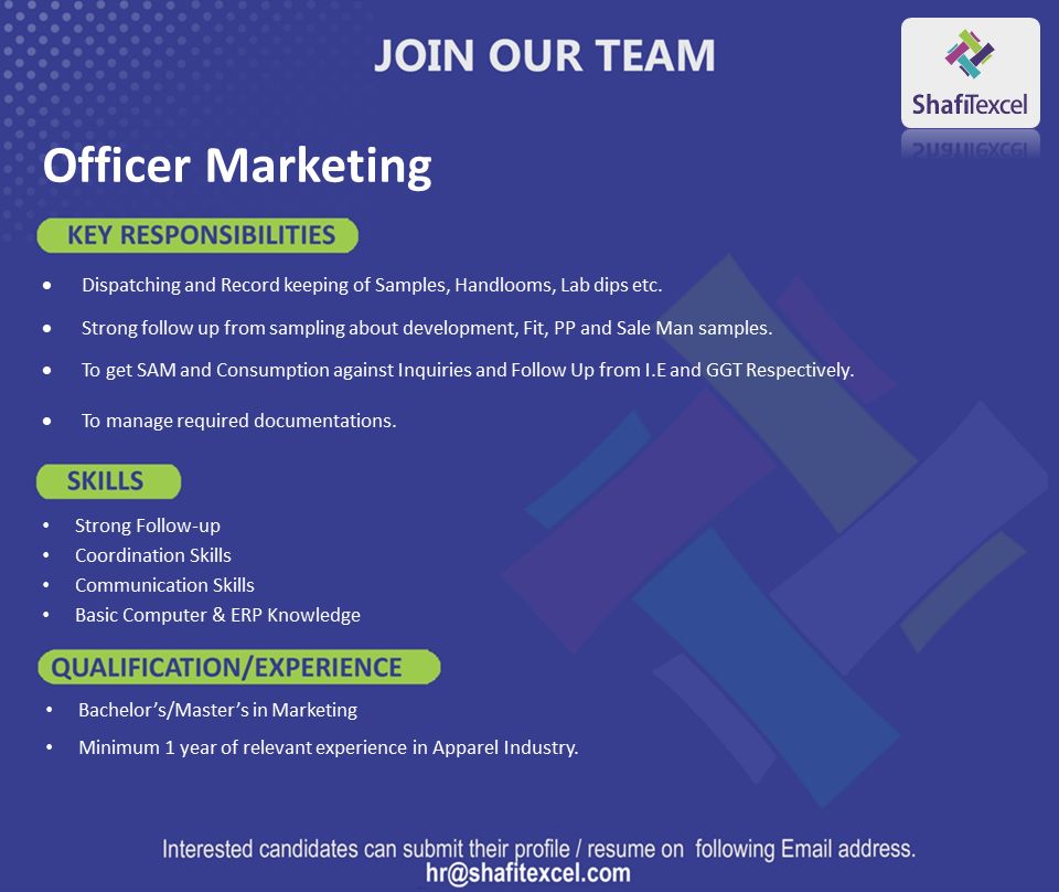 Shafi Texcel Pvt Ltd Jobs Officer Marketing 1
