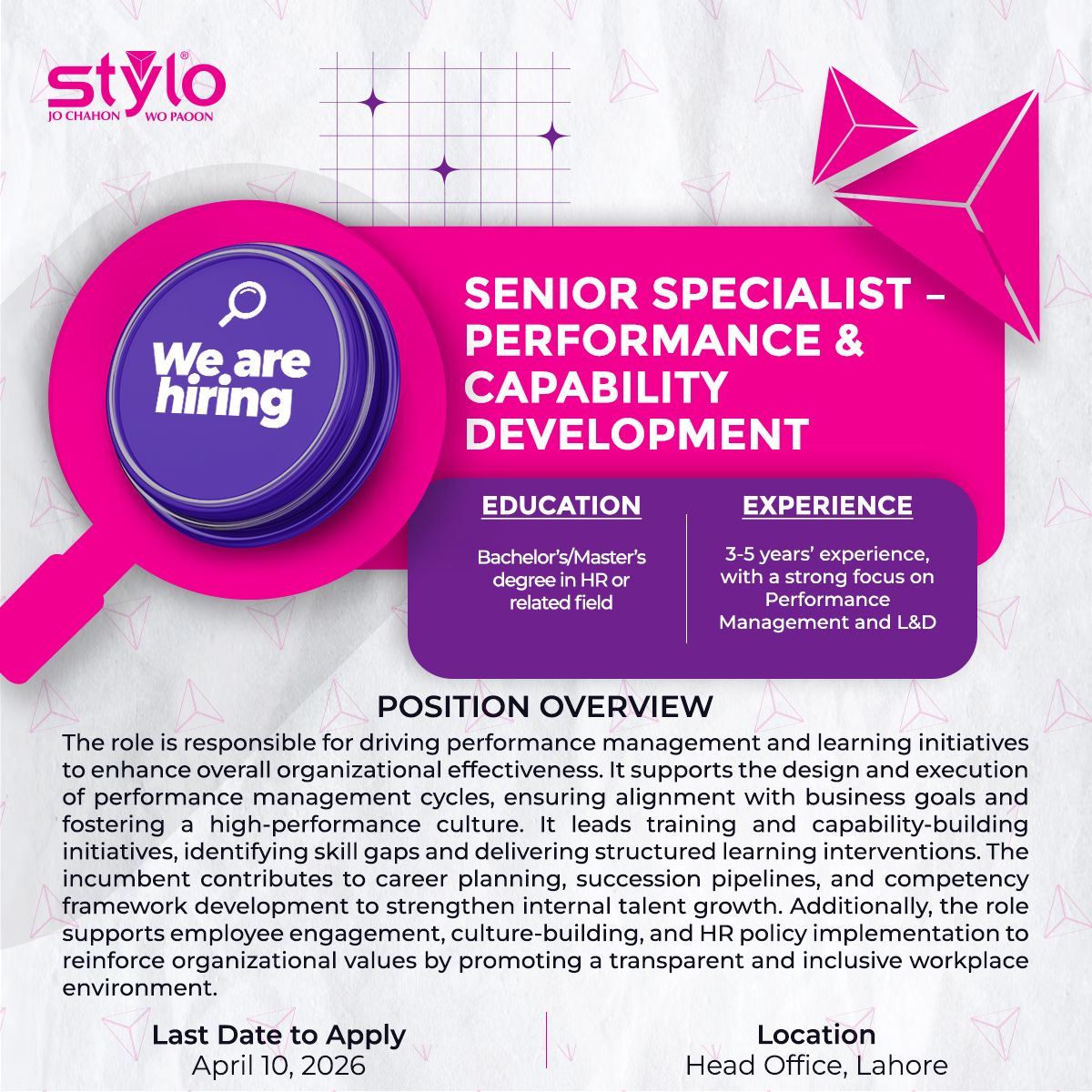 Stylo Pvt Ltd Jobs Senior Specialist Performance & Capability Development 1