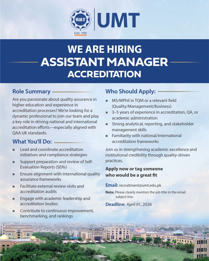 University of Management and Technology (UMT) Jobs Assistant Manager Accreditation 1