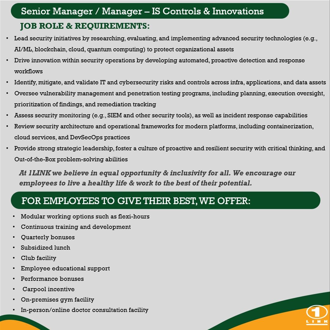 1LINK Pvt Ltd Jobs Sr Manager / Manager IS Controls & Innovations 2