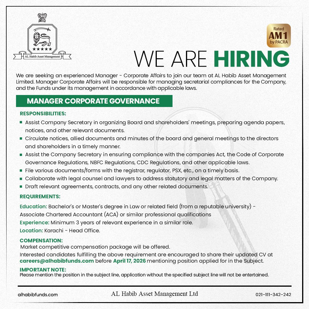 AL Habib Asset Management Limited Jobs Manager Corporate Affairs 1