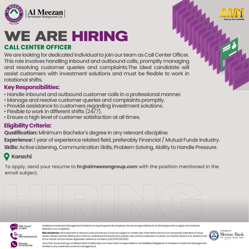 Al Meezan Investment Management Ltd Jobs Call Center Officer 1