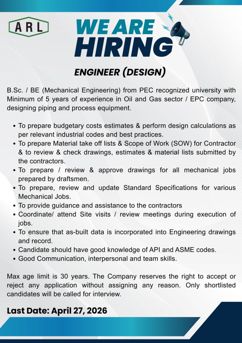 Attock Refinery Limited ARL Jobs Engineer (Design) 1